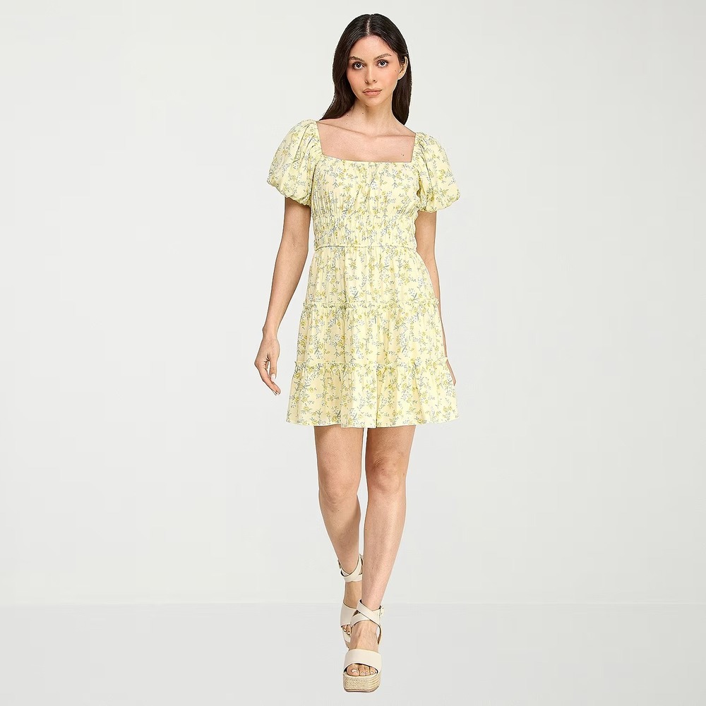 MSRP $64 Trixxi Women's Juniors L Yellow Floral Puffed Fit + Flare Dress Short